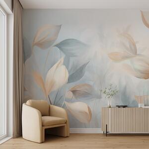 Tapet O frunză moale, delicată, translucidă, în nuanțe discrete de bej, piersică și albastru pal, cu textură, Fototapet Acuarelă, w09607 : Uwalls.ro