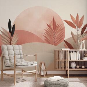 Tapet Peisaj abstract în stil boho, soare în spatele dealurilor ondulate, plante în prim-plan, minimalist,, Fototapet Abstract, w09608 : Uwalls.ro