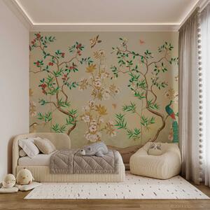 Tapet Scena cu copaci, flori și păsări, fundal luminos, Fototapet Flori, w05004v1 : Uwalls.ro