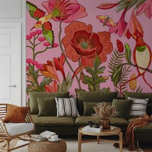 Tapet Flori decorative și păsări pe fundal roz, Fototapet Natură, w05036v2 : Uwalls.ro
