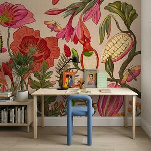 Tapet Flori decorative și păsări pe fundal bej, Fototapet Natură, w05036 : Uwalls.ro