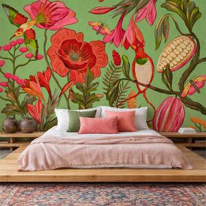 Tapet Flori decorative și păsări pe fundal verde, Fototapet Natură, w05036v1 : Uwalls.ro