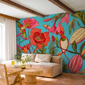 Tapet Flori decorative și păsări pe fundal albastru, Fototapet Natură, w05036v3 : Uwalls.ro