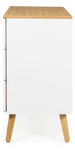 Comodă cu detalii în decor de stejar și 3 sertare Tenzo Dot, 90 x 79 cm, alb