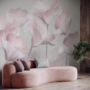 Tapet Flori de lotus translucide, de culoare roz pal, cu textură și petale delicate, pe un fundal gri discret, Fototapet Flori, w09640v1 : Uwalls.ro