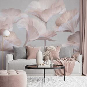 Tapet Flori de lotus translucide, de culoare piersică pal, cu textură și petale delicate, pe un fundal gri, Fototapet Flori, w09640 : Uwalls.ro
