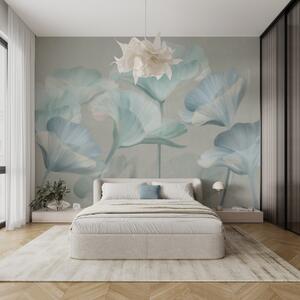 Tapet Flori de lotus translucide, de culoare turcoaz pal, cu textură și petale delicate, pe un fundal gri, Fototapet Flori, w09640v2 : Uwalls.ro