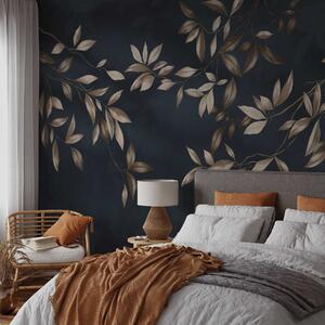Tapet Ramuri decorative cu frunze pe un fundal albastru intens, Fototapet Natură, Fototapet Frunze, w05113v1 : Uwalls.ro