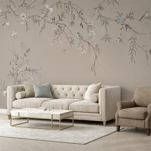 Tapet Ornament floral cu păsări pe fundal neutru, Fototapet Flori, w05127v3 : Uwalls.ro