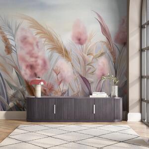 Tapet Iarbă pampas roz și bej și alte flori uscate, cu un cer moale și încețoșat în fundal, Fototapet Natură, w09635 : Uwalls.ro