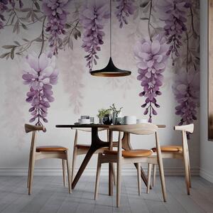 Tapet Ramuri delicate și mari de lavandă atârnate pe perete, imitație de acuarelă, Fototapet Flori, w09690 : Uwalls.ro