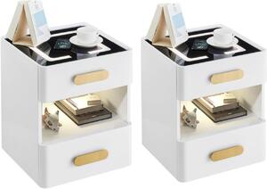 NOA242 - Set 2x Noptiere albe 40 cm, cu 2 sertare, LED, incarcator Wireless, Senzor Proximitate, pentru dormitor - Alb - Negru - Auriu