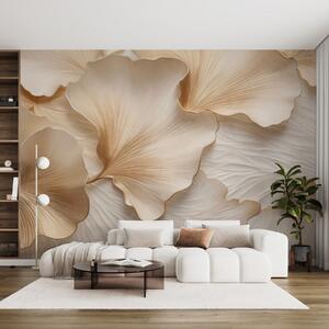 Tapet Petale texturate, bej și albe, cu imprimeu organic delicat, în formă de frunze de ginkgo, Fototapet Natură, w09741 : Uwalls.ro