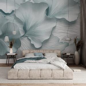 Tapet Pete texturate, albastre și albe, cu frunze de ginkgo și imprimeu organic delicat, Fototapet Natură, w09741v1 : Uwalls.ro