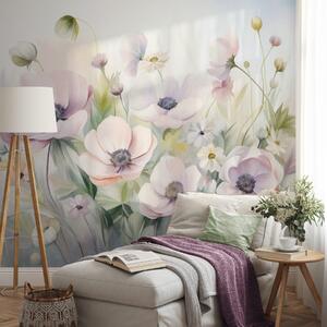 Tapet Un câmp de flori de anemonă roz pastel și alb, frunziș verde și margarete albe mici, Fototapet Acuarelă, w09742 : Uwalls.ro