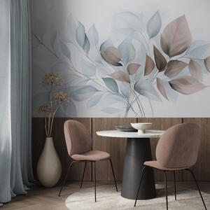 Tapet Frunze abstracte translucide în nuanțe de albastru, bej și maro, artă texturată, Imagini de fundal unice, w09744v1 : Uwalls.ro
