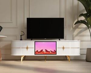 RESIGILAT- Comoda TV cu șemineu electric și riflaje, boxe Bluethooth, telecomandă, Alb/Auriu, 180x40x50cm