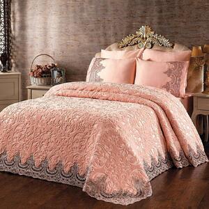 Set Luxury pentru pat, Patura cu dantela si perle + Cearsaf de pat + 4 fete de perna, Roz