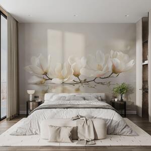 Tapet Flori de magnolie deschise pe o ramură deasupra reflexiei apei, Fototapet Flori, w05353 : Uwalls.ro