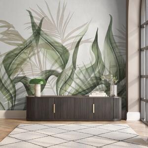 Tapet Frunze tropicale în nuanțe de bej și verde pe fond alb, în stil acuarelă texturat, Fototapet pădure, Fototapet Tropics, w09772v1 : Uwalls.ro