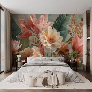 Tapet Flori cu frunze, Imagini de fundal unice, w05378 : Uwalls.ro