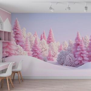 Tapet Pădurea înzăpezită de iarnă în nuanțe de roz, Fototapet Natură, w09654 : Uwalls.ro