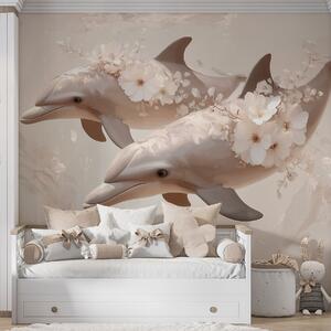 Tapet Delfini într-un ocean de flori delicate și lumină difuză, Imagini de fundal unice, w09666 : Uwalls.ro