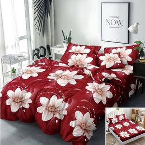 Lenjerie de pat, 2 persoane, 4 piese cu elastic, finet, rosu , cu flori crem, 180x200cm, LF484