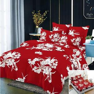 Lenjerie de pat, 2 persoane, 4 piese cu elastic, finet, rosu , cu flori albe, 180x200cm, LF483