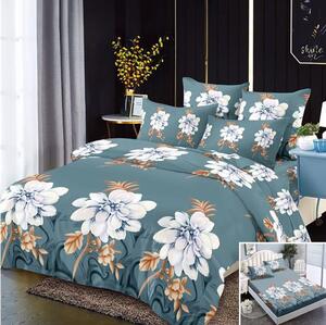 Lenjerie de pat, 2 persoane, 4 piese cu elastic, finet, verde , cu flori albe, 180x200cm, LF490