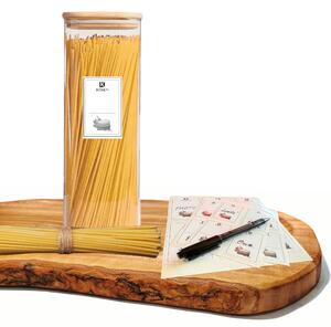Recipient depozitare alimente, borcan de sticla cu capac etans de 2 L, Koken cutie depozitare alimentara, Forma Patrata, Sticla Borosilicata/Capac Bambus, Transparent + Autocolante si markere