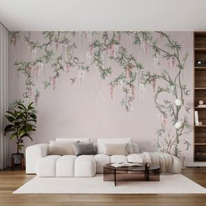 Tapet Ramuri înflorite cu flori roz și păsări, Fototapet în stil oriental, w05394v1 : Uwalls.ro