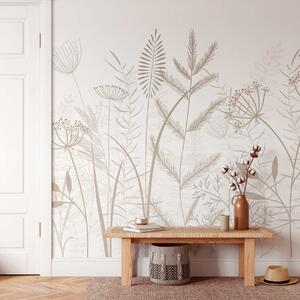 Tapet ierburi sălbatice și flori delicate, pictate manual, pe un fundal alb, Imagini de fundal unice, w05383v2 : Uwalls.ro