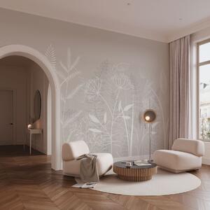 Tapet ierburi sălbatice și flori delicate, pictate manual, pe un fundal bej, Imagini de fundal unice, w05383v1 : Uwalls.ro