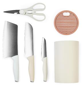 Set de cutite pentru bucatarie onuvio®, 5 piese pentru folosire zilnica, foarfeca, cutit chef, cutit decojit, suport pentru blat, alb