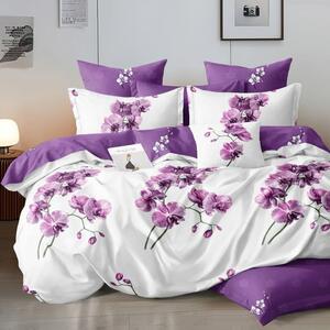 Lenjerie de pat, 2 persoane, finet, 6 piese, mov și alb, cu flori mov, LFN290