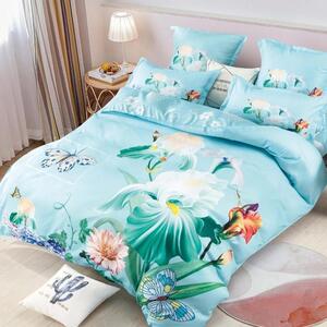 Lenjerie de pat, 2 persoane, finet, 6 piese, albastru , cu flori și fluturi, LFN292
