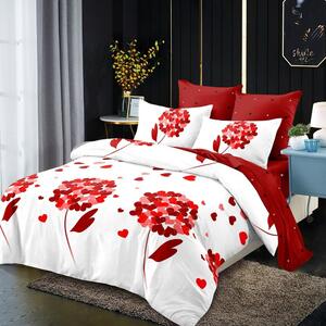 Lenjerie de pat, 2 persoane, finet, 6 piese, alb și roșu, cu flori și inimi roșii, LFN284