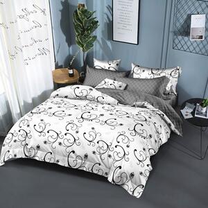 Lenjerie de pat, 2 persoane, finet, 6 piese, gri si alb, cu imprimeu negru, LFN282