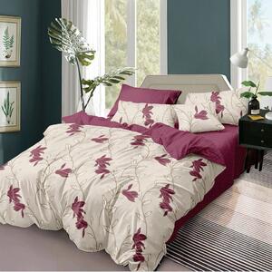 Lenjerie de pat, 2 persoane, finet, 6 piese, crem și vișiniu, cu flori, LFN285
