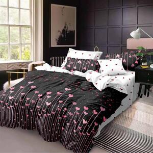 Lenjerie de pat, 2 persoane, finet, 6 piese, negru si alb, cu inimioare roz, LFN278