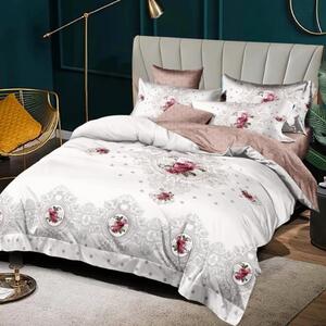 Lenjerie de pat, 2 persoane, finet, 6 piese, bej , cu flori rosii, LFN294