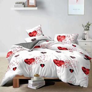 Lenjerie de pat, 2 persoane, finet, 6 piese, alb și gri, cu inimi roșii, LFN296