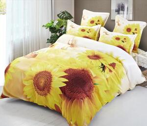 Lenjerie de pat, 2 persoane, finet, 6 piese, galben si alb, cu floarea soarelui, LFN295