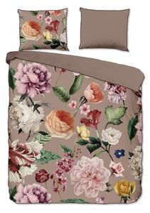 Lenjerie de pat din bumbac organic pentru pat de o persoană Descanso Flowery, 140 x 200 cm, gri - maro