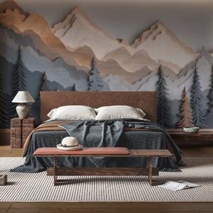 Tapet Peisaj natural cu pini și munți, realizat în stilul sculpturii în lemn, Fototapet Natură, w09793 : Uwalls.ro