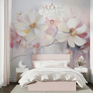 Tapet Flori albe și roz cu petale delicate, texturate, pe un fundal abstract și delicat, Fototapet Flori, w09811 : Uwalls.ro