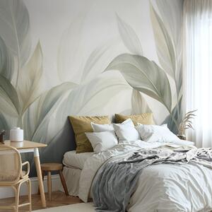 Tapet Frunze tropicale mari, de un verde pal, cu nuanțe delicate, pastelate, și texturi, Fototapet Natură, Fototapet Frunze, w09816 : Uwalls.ro