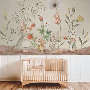 Tapet Ilustrație cu un iepuraș, un șoricel și plante cu căpșuni, Fototapet Animale, w05422v2 : Uwalls.ro