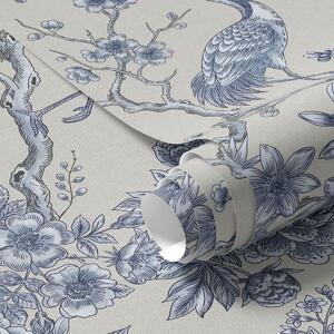 Tapet Ornament floral albastru cu pasăre și ramuri, Tapet stil oriental, a01132 : Uwalls.ro
